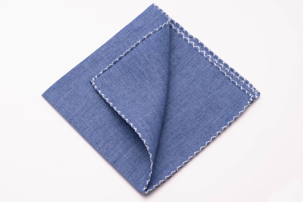Sky Blue Two-Tone Linen Pocket Square with pale blue handrolled X-stitch edges - Fort Belvedere