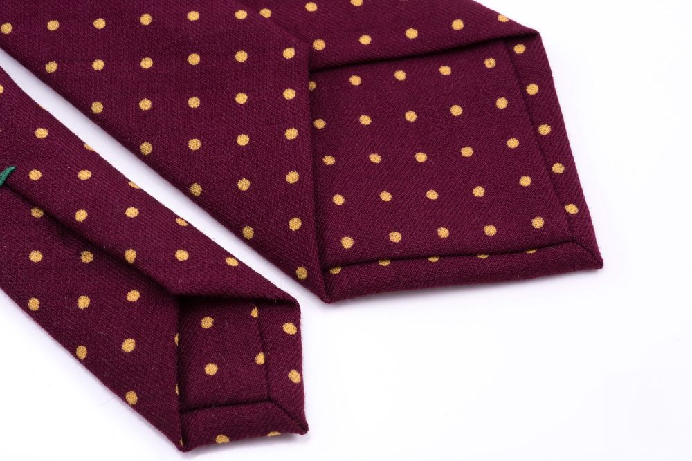 English Wool Challis Tie in Burgundy with Yellow Polka Dots Fort Belvedere 