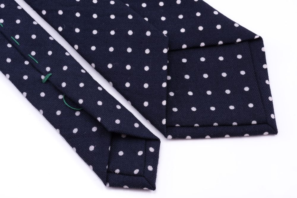 Handmade 3-fold Wool Challis Tie in Navy with White Polka Dots 9cm width - Fort Belvedere