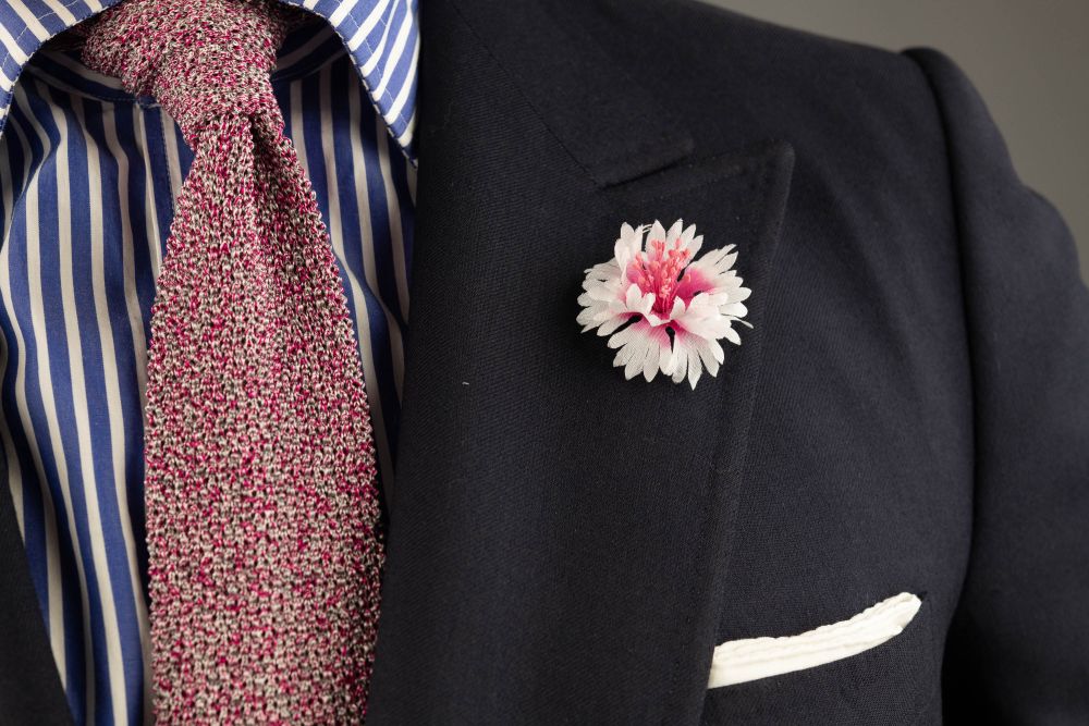 White and Magenta Cornflower Boutonniere Buttonhole Flower Silk combined with Magenta, Pink, Grey Mottled Knit Tie Cri De La Soie Silk, and White Linen pocket square