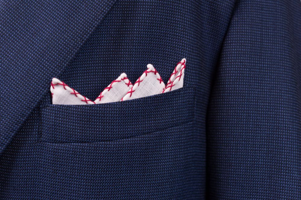 White Linen Pocket Square with Burgundy Red Handrolled X Stitch - Fort Belvedere