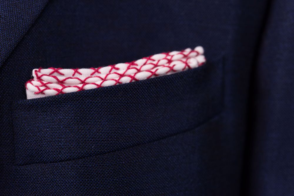 White Linen Pocket Square with Burgundy Red Handrolled X Stitch - Fort Belvedere
