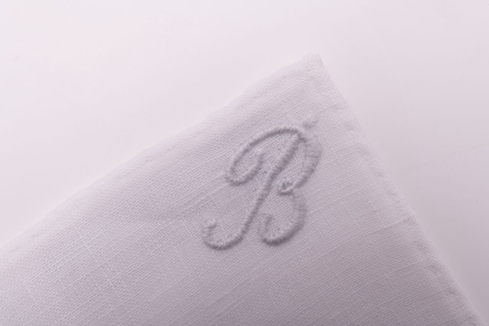 All Initials White Linen Pocket Square with Hand Embroidered Initial B Handmade in Italy by Fort Belvedere