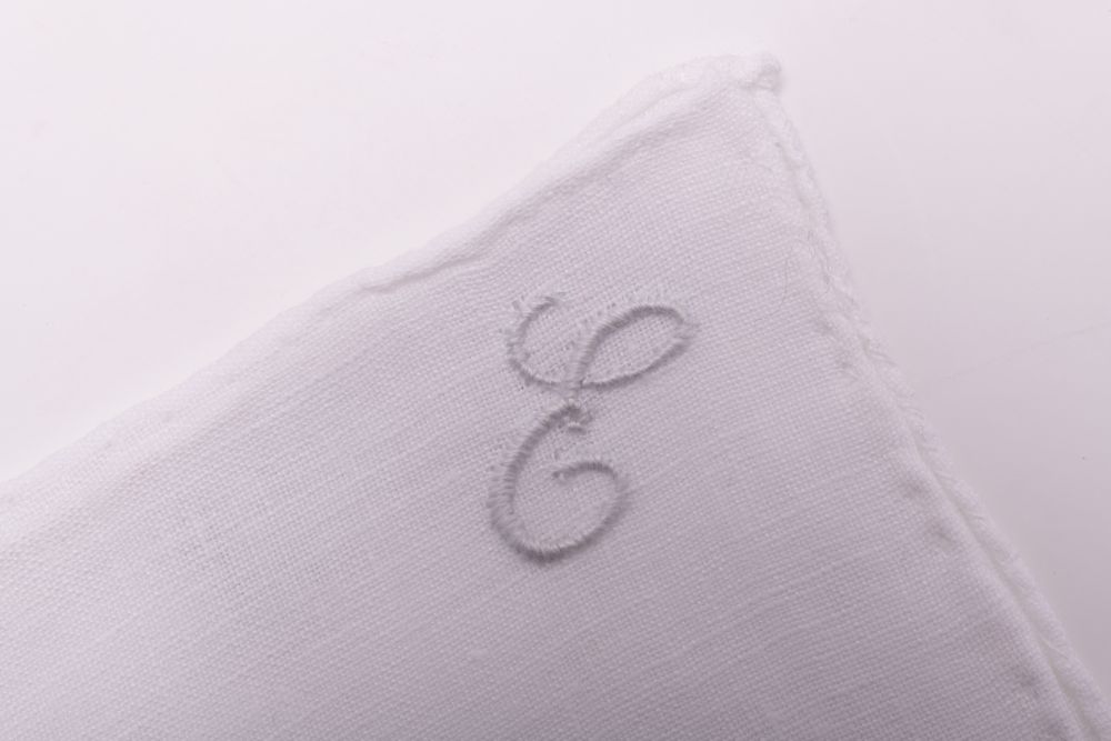 All Initials White Linen Pocket Square with Hand Embroidered Initial E Handmade in Italy by Fort Belvedere