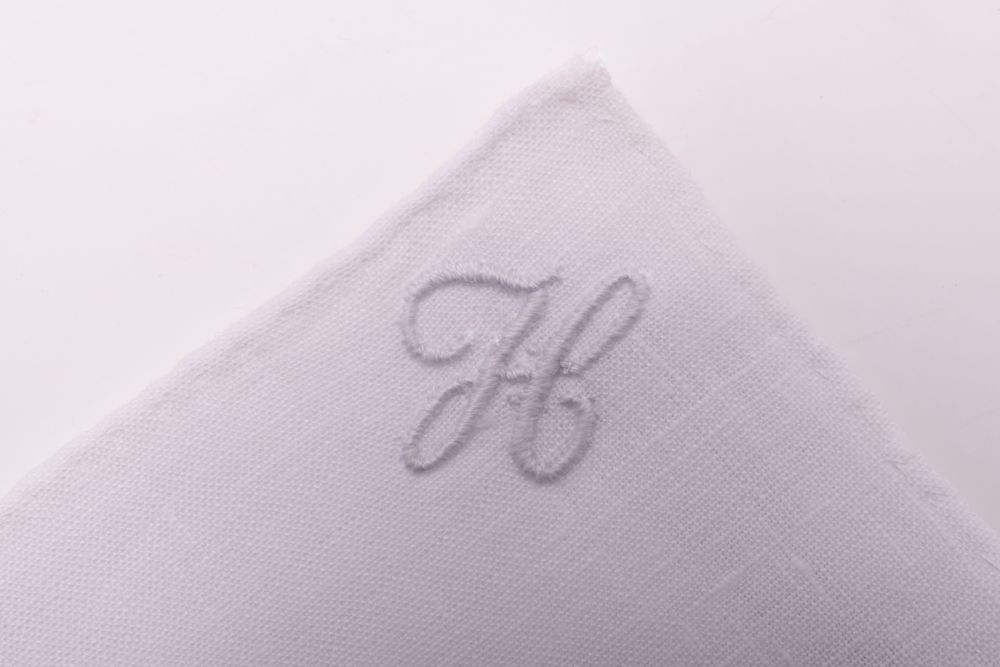 All Initials White Linen Pocket Square with Hand Embroidered Initial H Handmade in Italy by Fort Belvedere