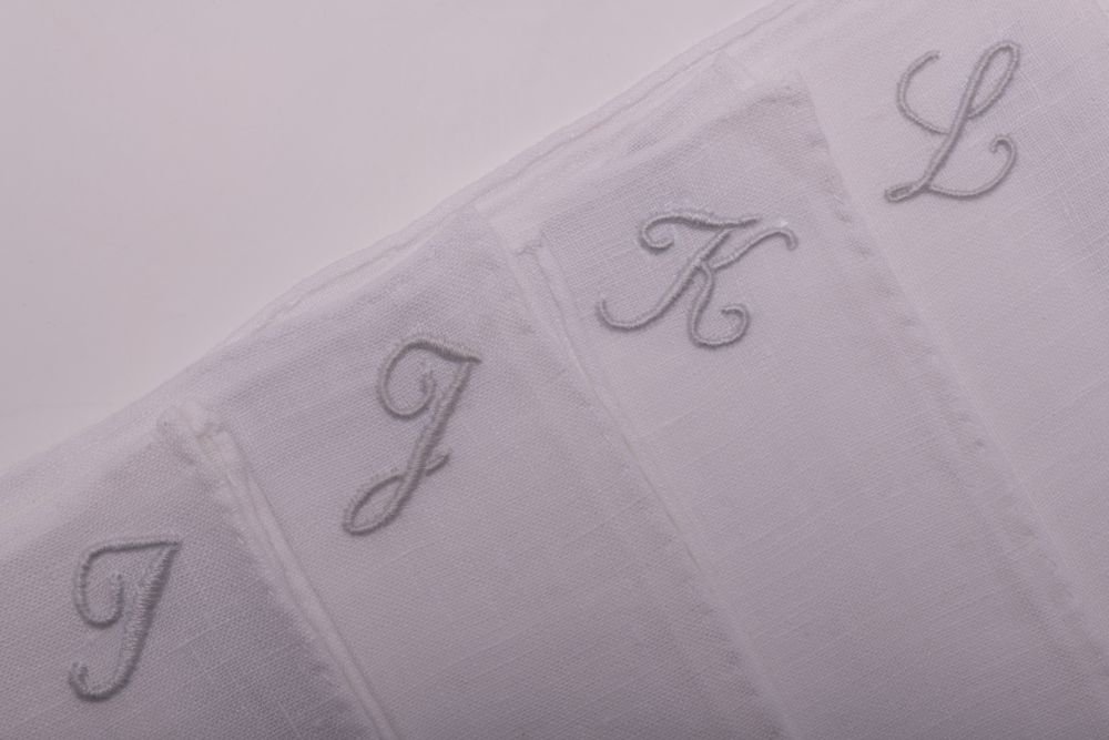 I J K L Initials White Linen Pocket Square with Hand Embroidered Handmade in Italy by Fort Belvedere