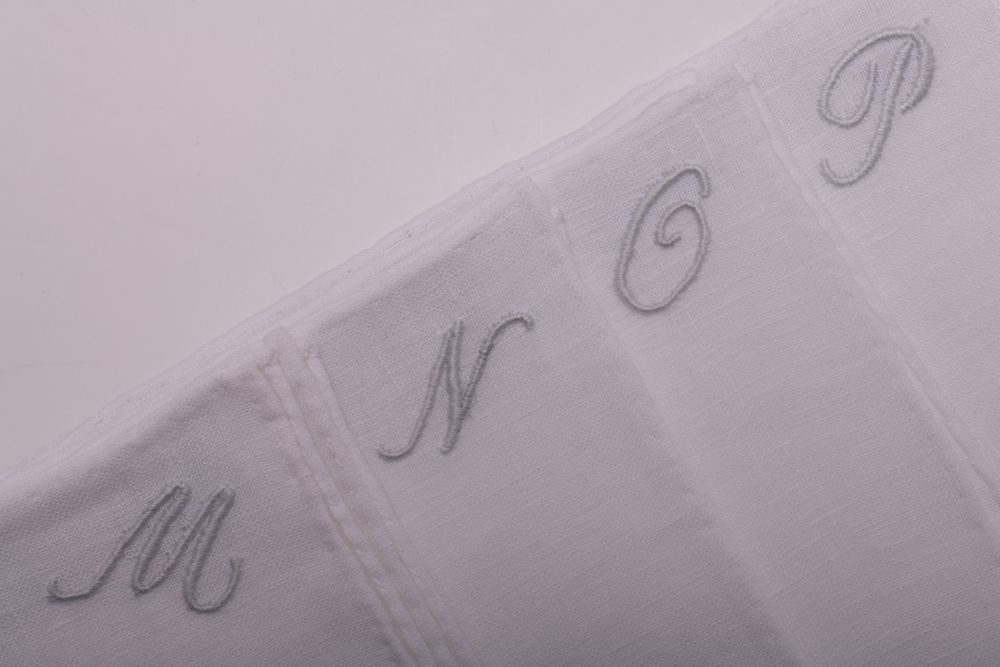 M N O P Initials White Linen Pocket Square with Hand Embroidered Handmade in Italy by Fort Belvedere