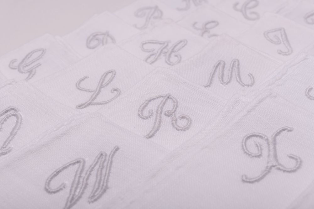 White Linen Pocket Square with Hand Embroidered Initial Details Handmade in Italy by Fort Belvedere