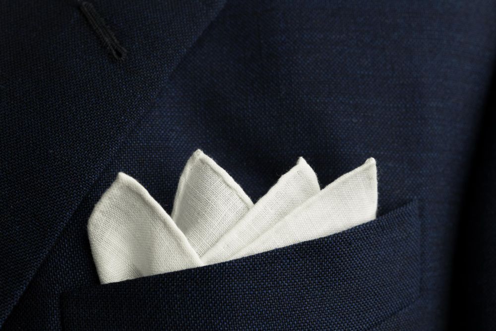 White Linen Pocket Square with Hand Embroidered Initial R Handmade in Italy by Fort Belvedere Crown Fold