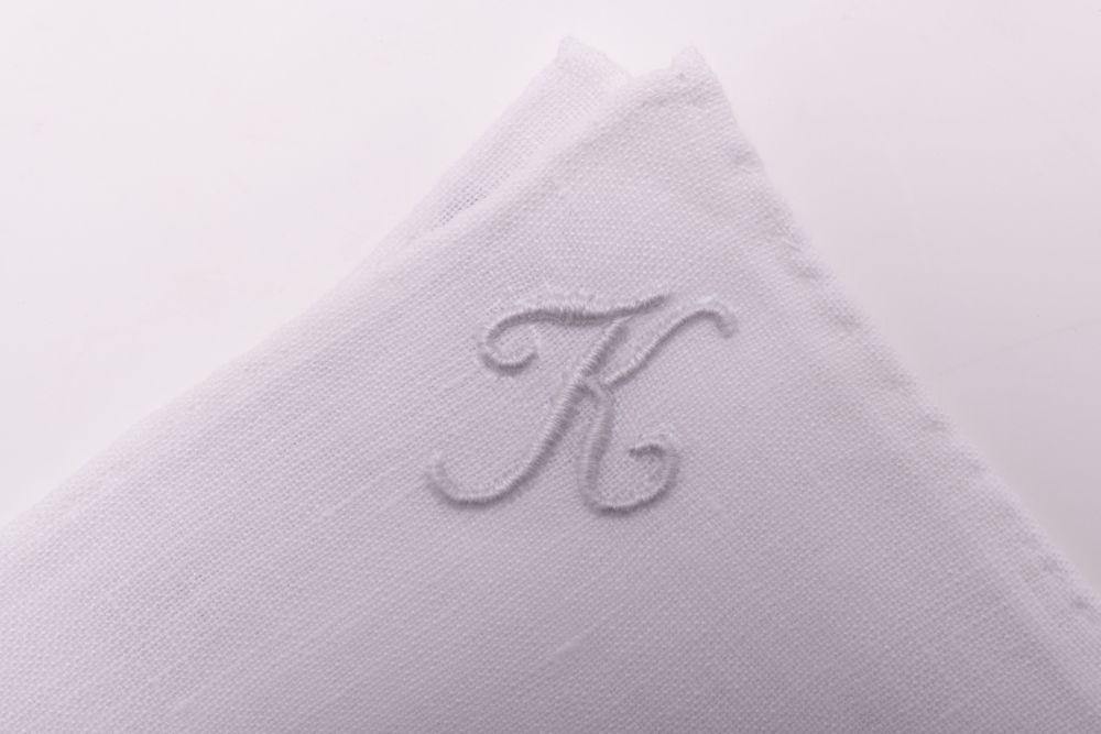 All Initials White Linen Pocket Square with Hand Embroidered Initial K Handmade in Italy by Fort Belvedere