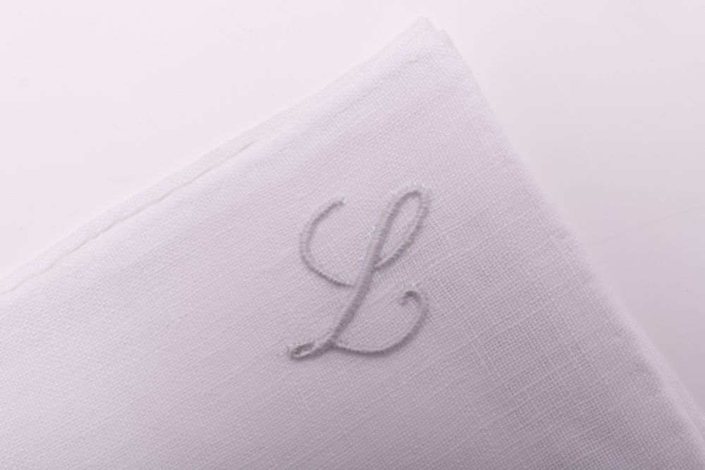 All Initials White Linen Pocket Square with Hand Embroidered Initial L Handmade in Italy by Fort Belvedere
