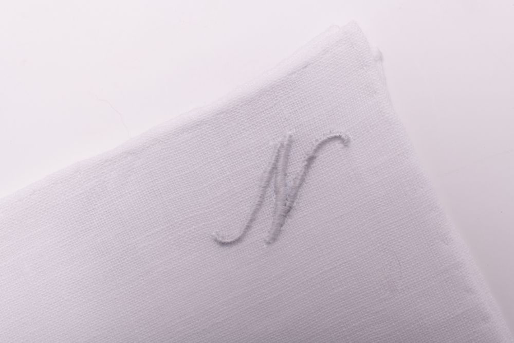 All Initials White Linen Pocket Square with Hand Embroidered Initial N Handmade in Italy by Fort Belvedere