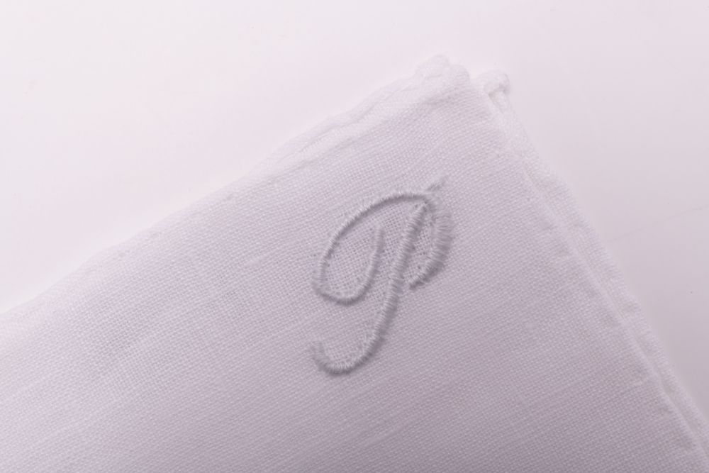 All Initials White Linen Pocket Square with Hand Embroidered Initial P Handmade in Italy by Fort Belvedere
