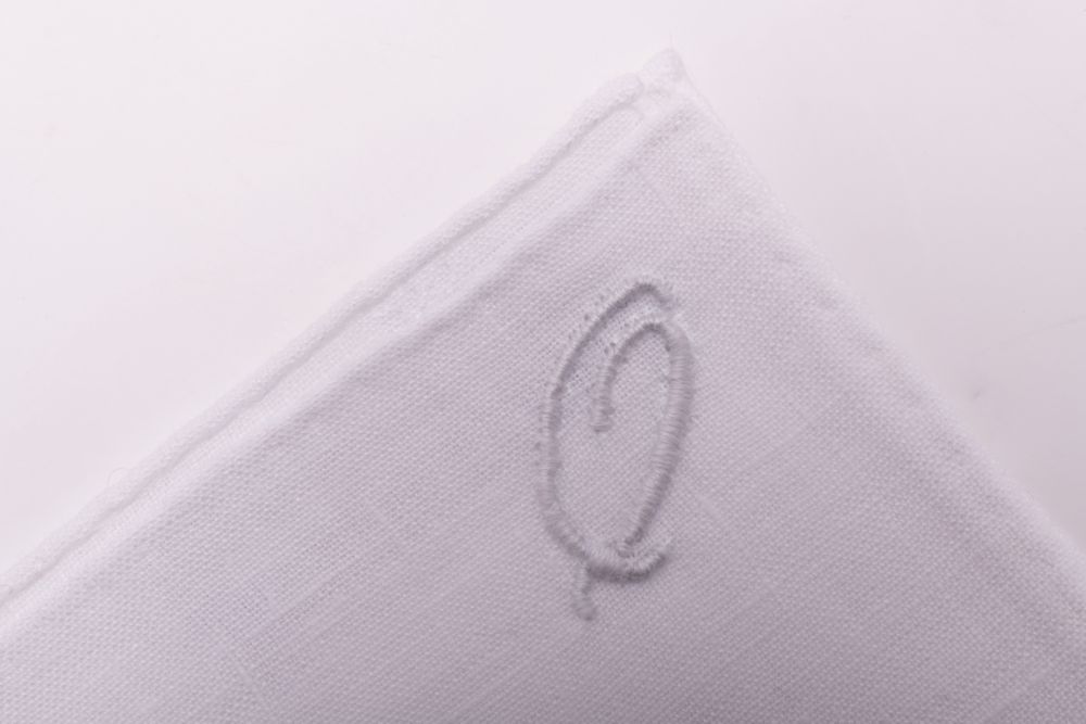 All Initials White Linen Pocket Square with Hand Embroidered Initial Q Handmade in Italy by Fort Belvedere