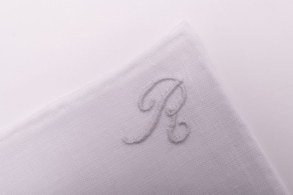 All Initials White Linen Pocket Square with Hand Embroidered Initial R Handmade in Italy by Fort Belvedere