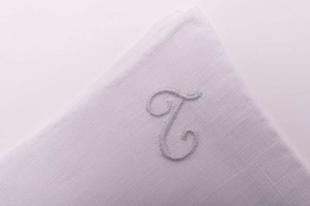 All Initials White Linen Pocket Square with Hand Embroidered Initial T Handmade in Italy by Fort Belvedere