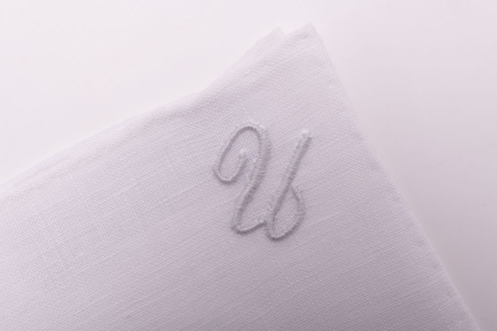 All Initials White Linen Pocket Square with Hand Embroidered Initial U Handmade in Italy by Fort Belvedere