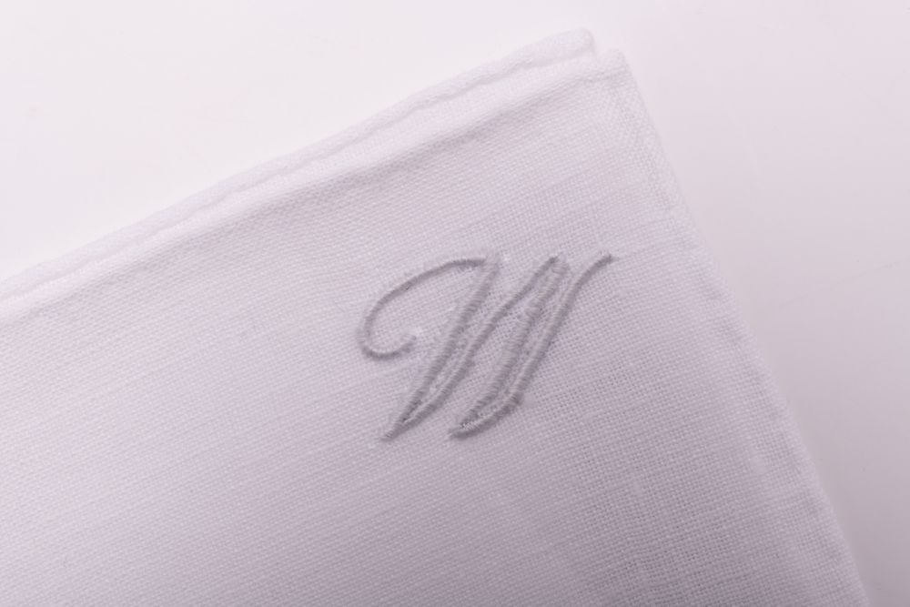 All Initials White Linen Pocket Square with Hand Embroidered Initial W Handmade in Italy by Fort Belvedere
