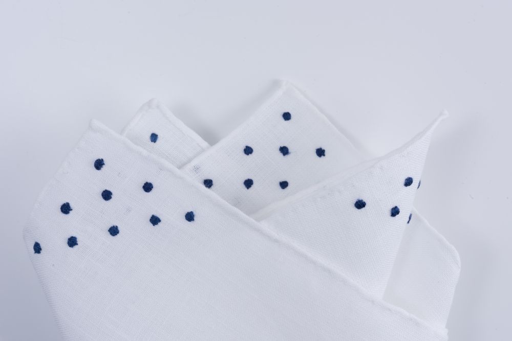 White Linen Pocket Square with Blue Hand Embroidered Polka Dots Spots - Fort Belvedere