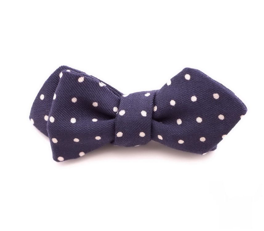 White Polka Dots on Navy Wool Challis Bow Tie with Pointed Ends - Handmade by Fort Belvedere