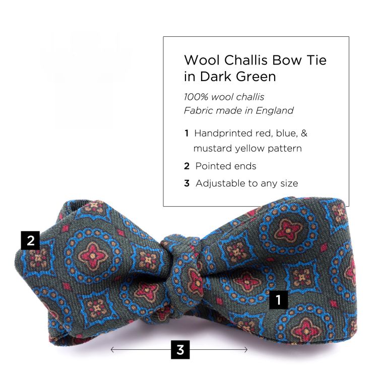 Wool Challis Bow Tie in Dark Green, Red, Blue, & Mustard Yellow Pattern - Fort Belvedere