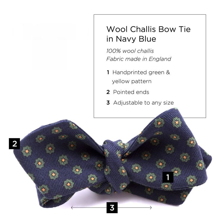 Wool Challis Bow Tie in Navy Blue with Green and Yellow Pattern - Fort Belvedere