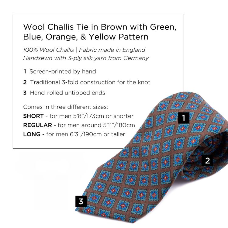 Wool Challis Tie in Brown with Green, Blue, Orange, Yellow Pattern - Fort Belvedere
