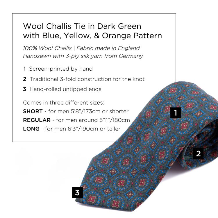Wool Challis Tie in Dark Green with Blue, Yellow & Orange Pattern - Fort Belvedere