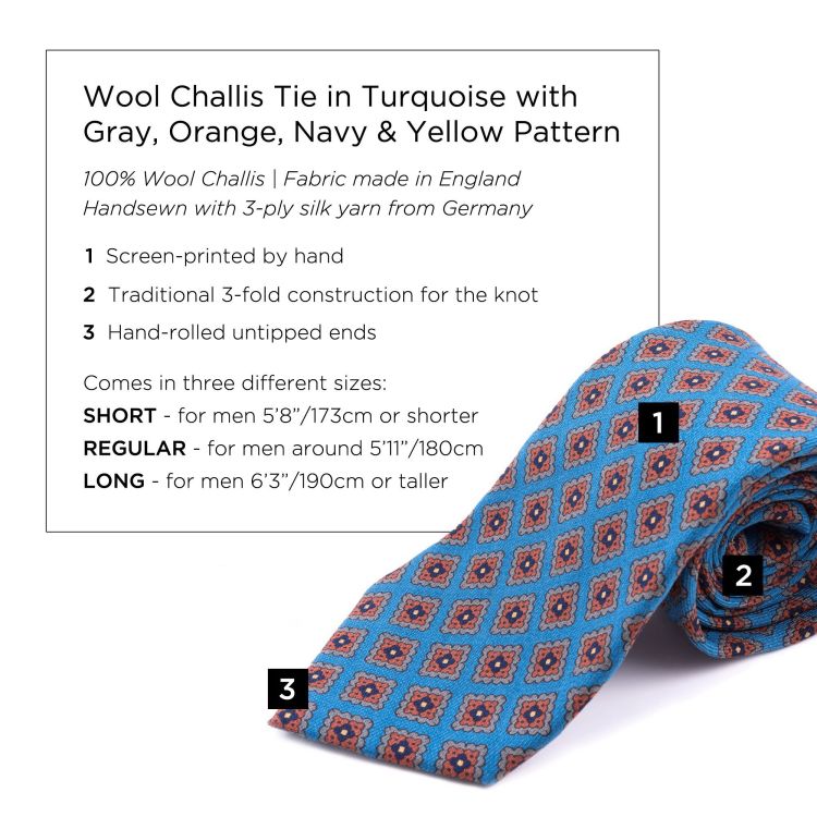 Wool Challis Tie in Turquoise with Gray, Orange, Navy & Yellow Pattern - Fort Belvedere