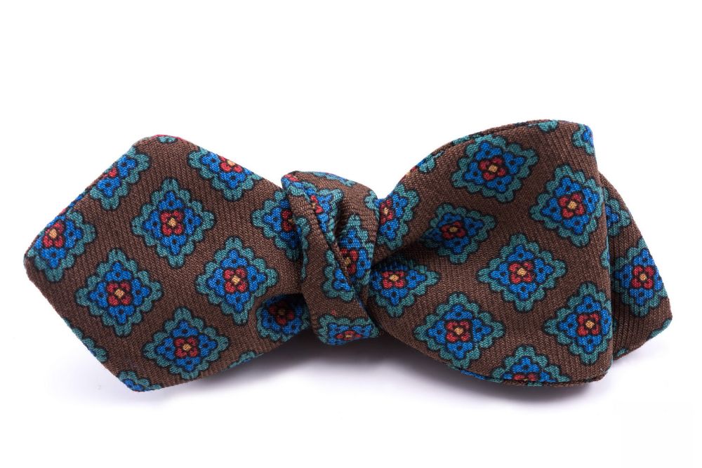 Wool Challis Bow Tie in Brown with Green, Blue, Red & Yellow Pattern - Fort Belvedere