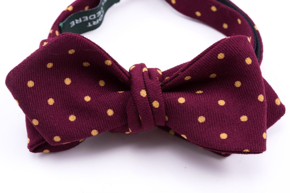 Wool Challis Bow Tie in Burgundy Red with Yellow Polka Dots & Pointed Ends - Fort Belvedere