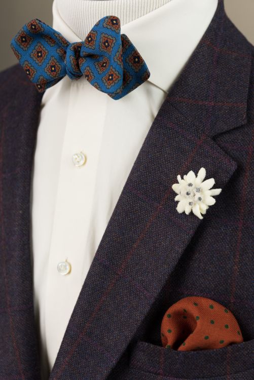 Wool Challis Bow Tie in Turquoise Blue with Green, Orange, Navy & Yellow Diamond, Edelweiss Boutonniere & Orange Pocket Square with Green Polka dots  - Handmade by Fort Belvedere