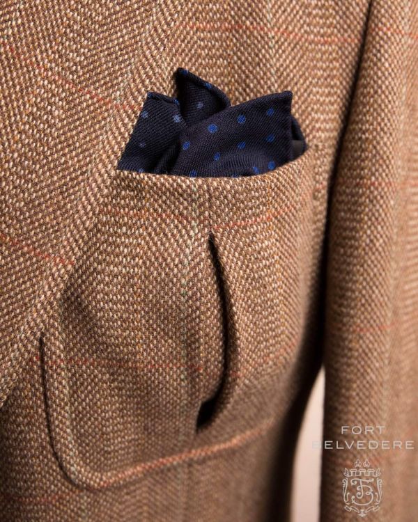Wool Challis Pocket Square in Navy with Blue Polka Dots