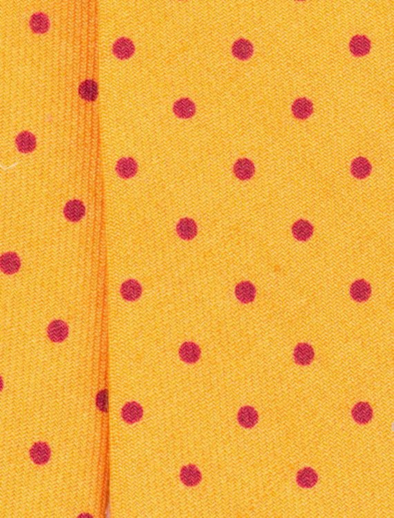 Close Up Details of Wool Challis Polka Dot in Yellow and Burgundy Red Bow Tie - Fort Belvedere
