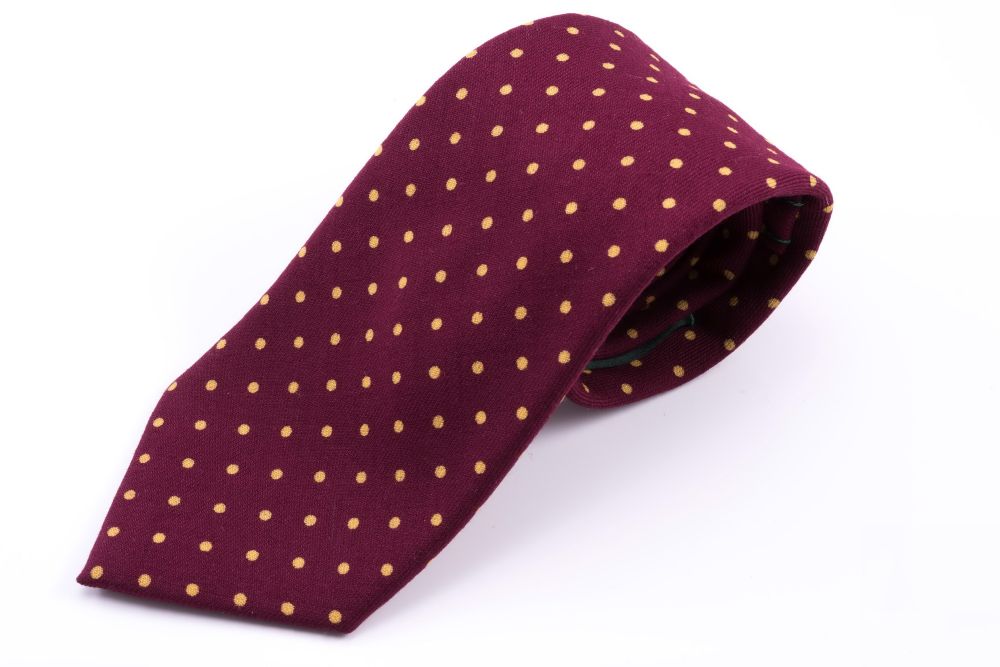 Wool Challis Tie in Burgundy with Yellow Polka Dots - Fort Belvedere