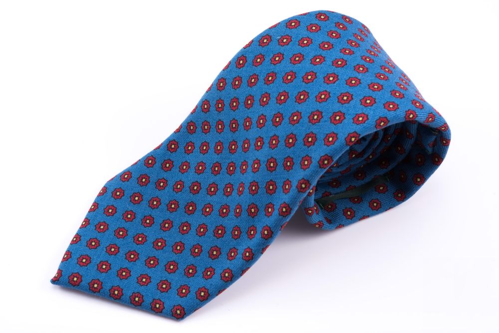 Wool Challis Tie in Mohair blue with Small Geometric Pattern Fort Belvedere