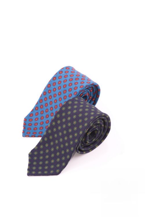 Wool Challis Tie in Navy Blue with Small Geometric Pattern in Green & Yellow by Fort Belvedere