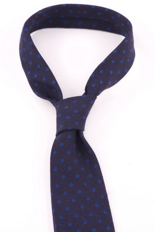 Wool Challis Tie in Navy with Blue Polka Dots Handmade by Fort Belvedere