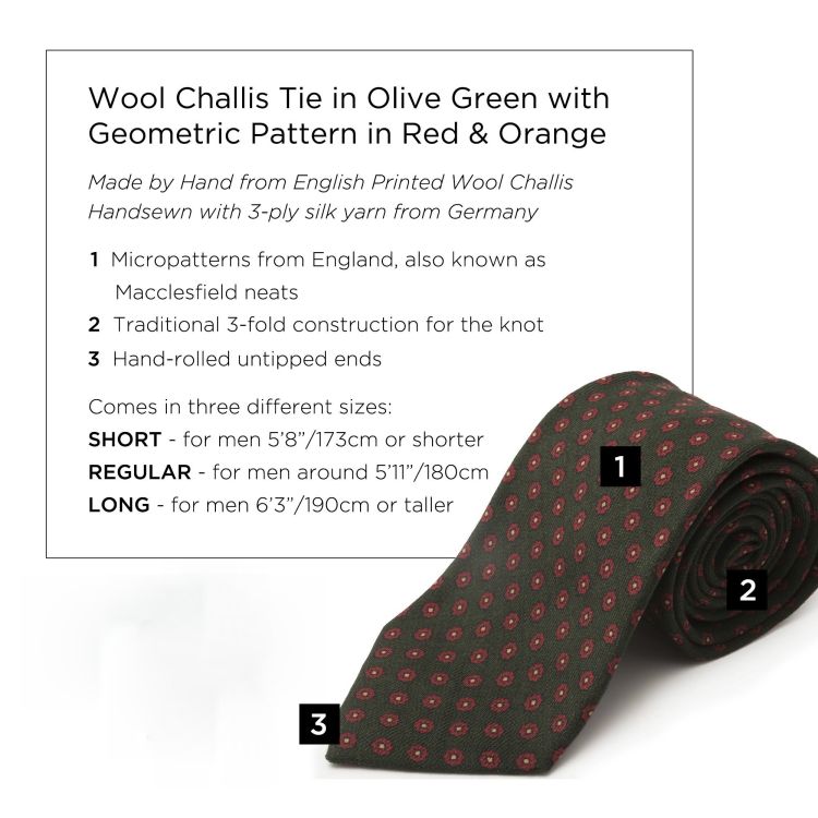 Wool Challis Tie in Olive Green with Small Geometric Pattern in Red and Orange - Fort Belvedere