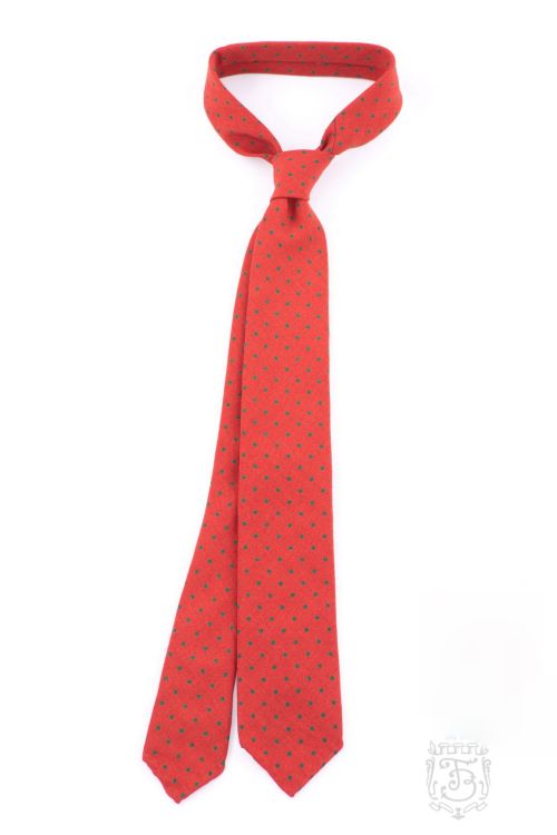 Wool Challis Tie in Orange with Green Polka Dots with hand rolled edges by  Fort Belvedere