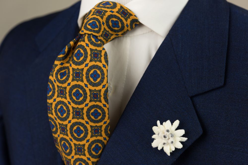 Wool Challis Tie in Sunflower Yellow with Green,Blue & Red Pattern & Edelweiss Butonniere - Fort Belvedere