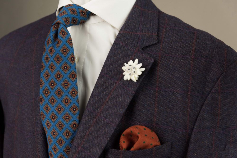 Wool Challis Tie in Turquoise with Grey Orange, Navy & Yellow Pattern - Fort Belvedere side view
