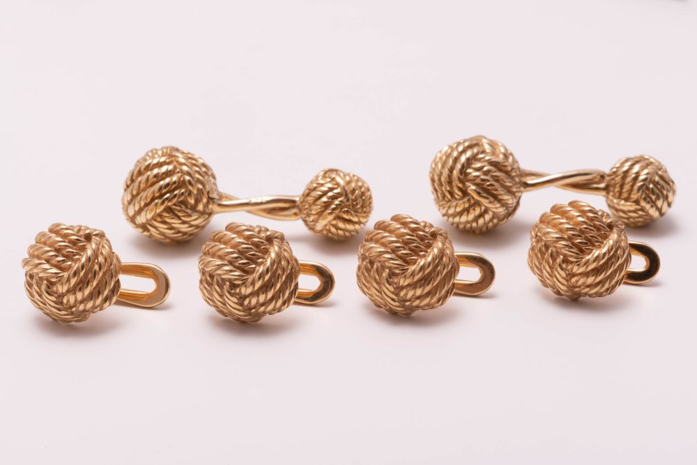 Yellow Gold Evening Shirt Studs with Monkey Fist Knots in Sterling Silver Vermeil 23ct gold plated  by Fort Belvedere