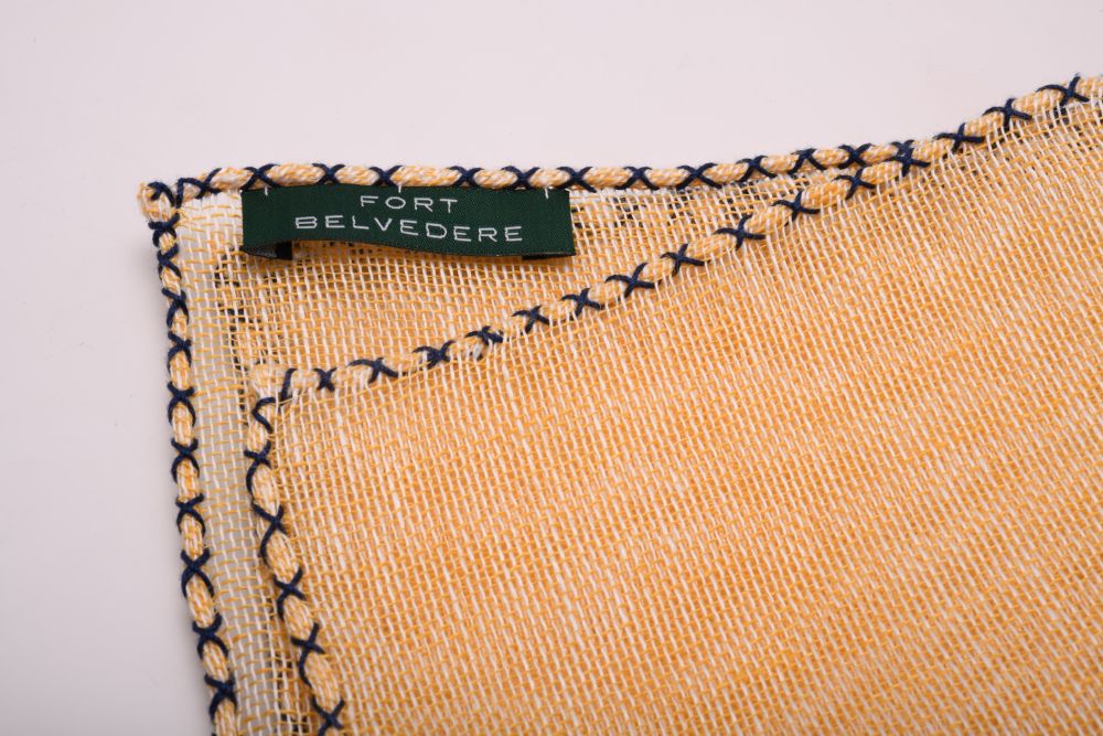 Yellow Handcrafted Linen Pocket Square with Navy Blue Handrolled X Stitch - Fort Belvedere