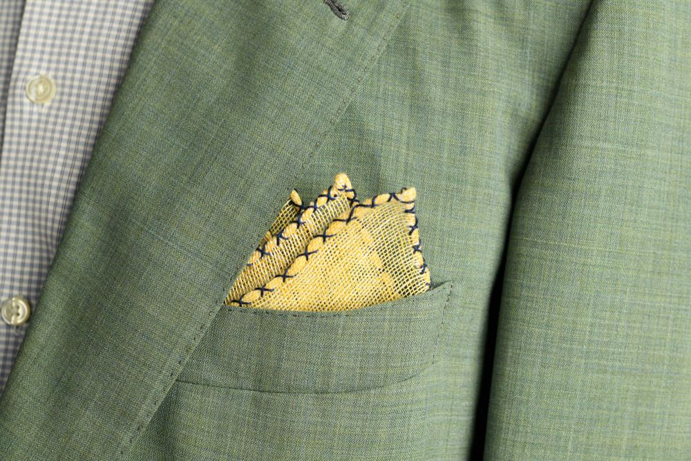 Yellow Handcrafted Linen Pocket Square with Navy Blue Handrolled X Stitch - Fort Belvedere