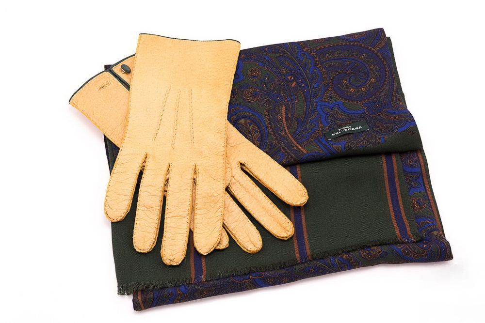 Yellow Peccary Glove and Green & Blue Silk Wool Paisley & Stripes Reversible Scarf by Fort Belvedere