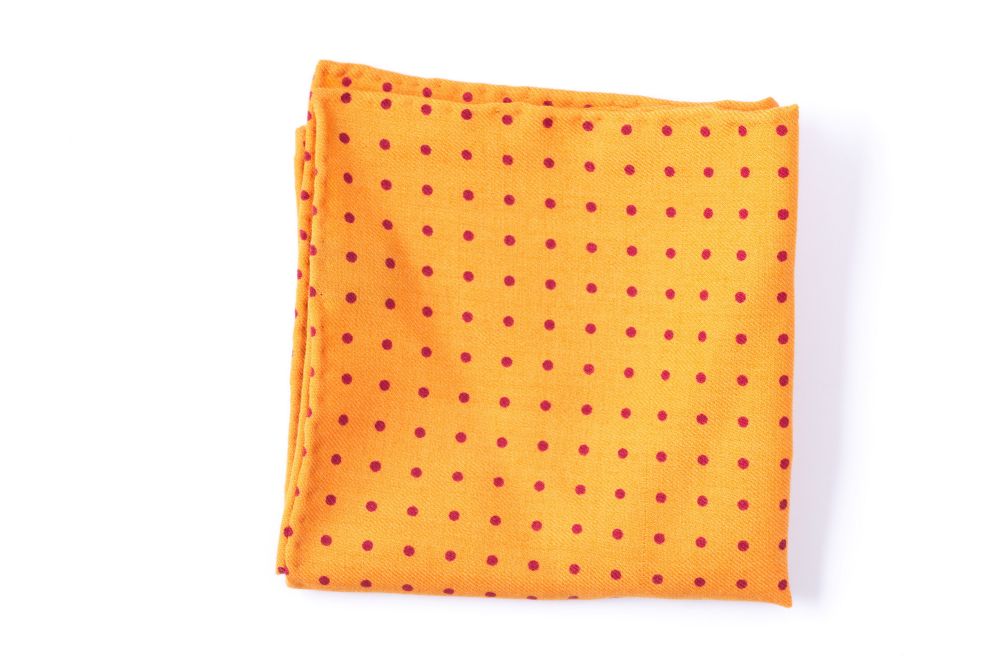 Yellow Wool Challis Pocket Square Handprinted with Burgundy Red Polka Dots by Fort Belvedere