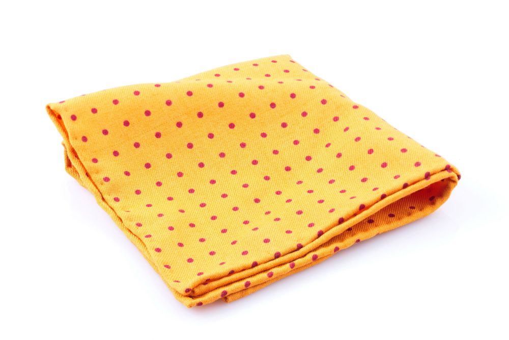 Yellow Wool Challis Pocket Square Handprinted with Burgundy Red Polka Dots by Fort Belvedere