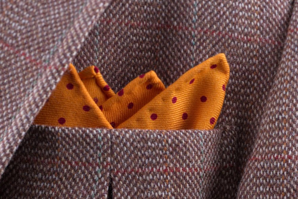 Yellow Wool Challis Pocket Square with Burgundy Red Polka Dots in Corwn Fold & Tweed by Fort Belvedere