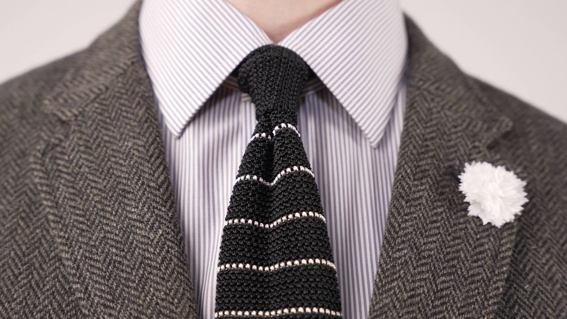 Striped Tie Silk Knit Tie Black & Grey Striped Silk Knitted Tie